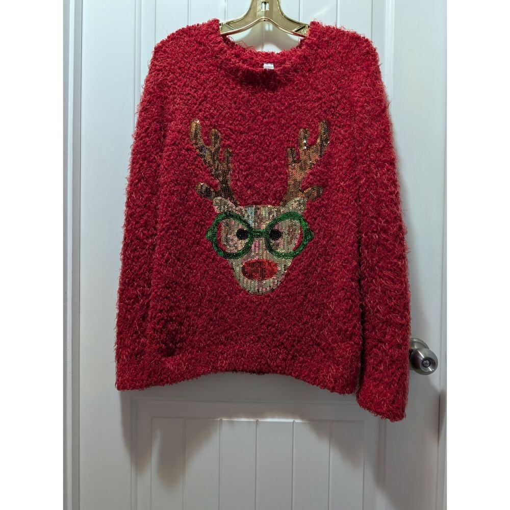 No Boundaries Ugly Christmas Sweater Size XL Red Gold Sequined Rudolph Reindeer